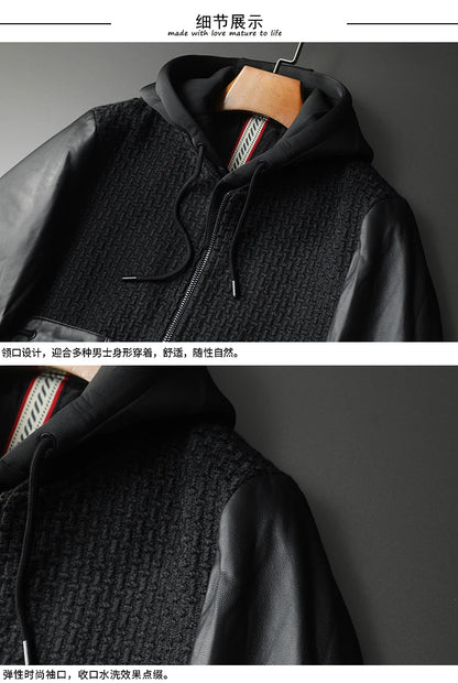 Minglu Autumn Winter Goatskin Men's Jackets High Quality Solid Color Hooded Genune Leather Male Coats Zipper Casual Man Overcoat