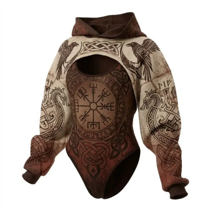 Viking Print Women's Hooded Jumpsuit Two-Piece Set Casual Loose Long Sleeve for Daily Home Lounge & Streetwear