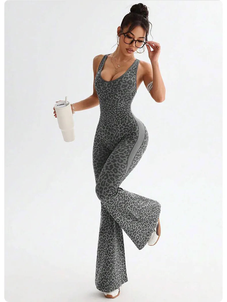 Women's Leopard Print Cross-Back Yoga Jumpsuit