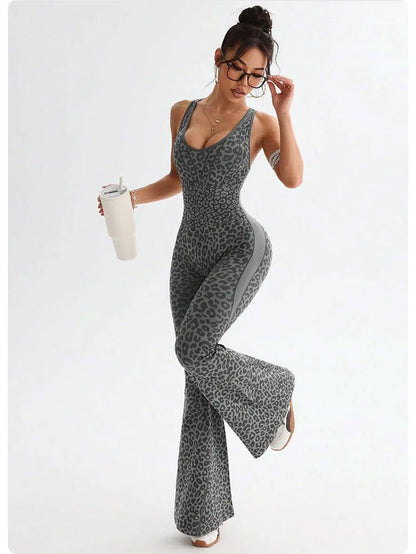 Women's Leopard Print Cross-Back Yoga Jumpsuit