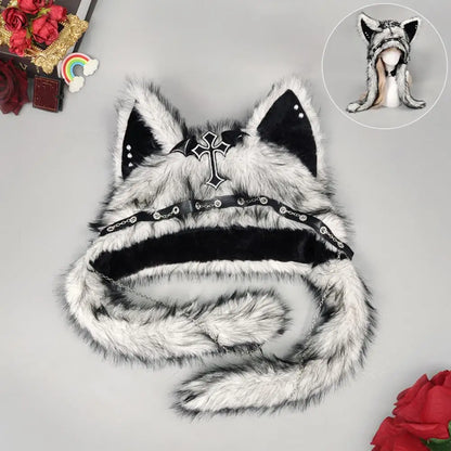 Winter Plush Beanie Hats Punk Wolf Furry Ear Protection Outdoor Windproof Caps Couples Headwear Gothic Dark Fursuit Cosplay Prop