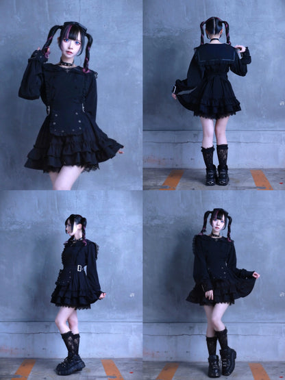 Women's Gothic Navy-Collar Maid Dress Set