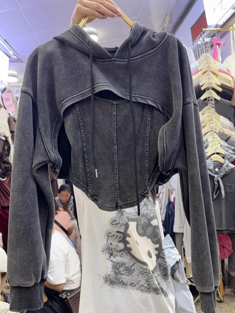 Fashion Vintage Long Sleeve Gray Hoodie Top for Women+ Y2k Slim Fit Camisole - APEX RITUAL women's hoodies & sweatshirts