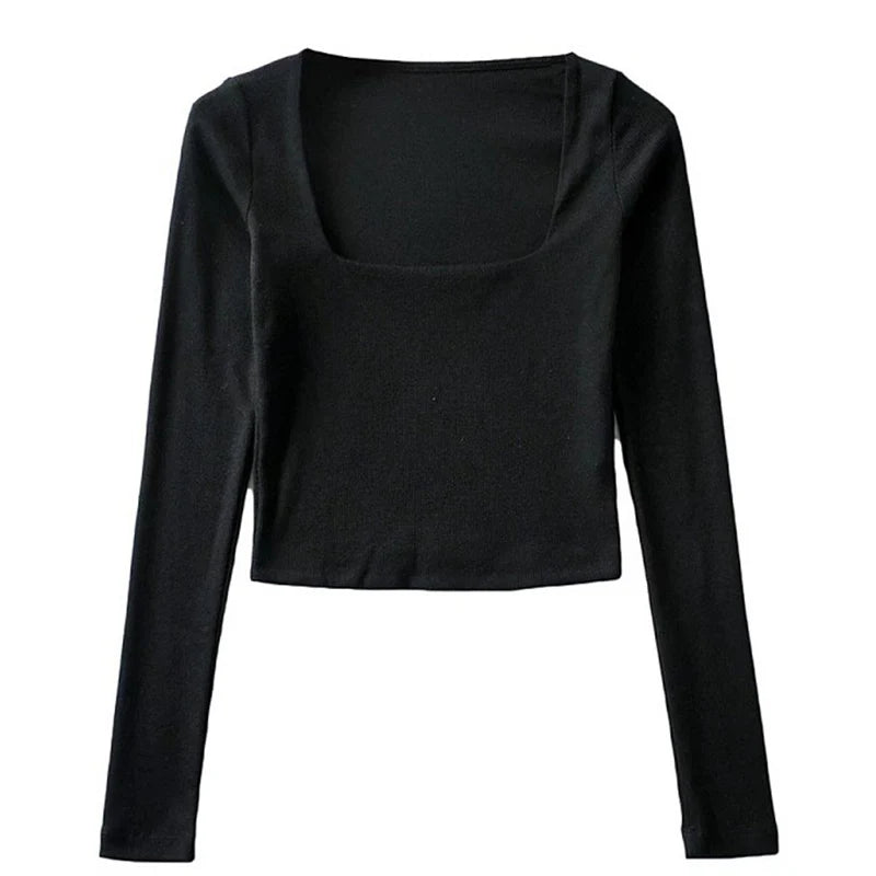 Women's Ribbed Square-Neck Long-Sleeve Crop Top