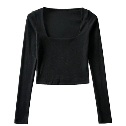 Women's Ribbed Square-Neck Long-Sleeve Crop Top