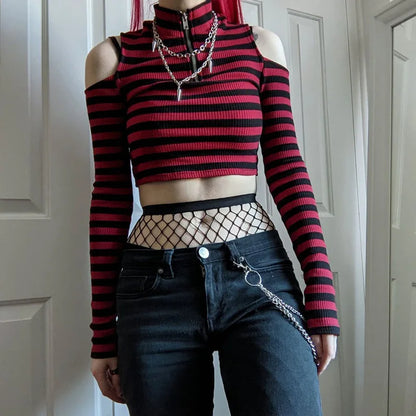 Grunge Striped Mall Gothic Basic T-shirts Punk E-girl Aesthetic Bodycon Casual Crop Tops Long Sleeve Open Shoulder Tee Gothic