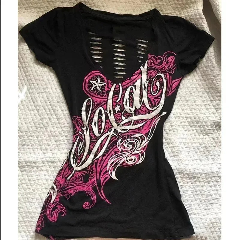 American Retro Fake Two Piece T-shirts Off Shoulder Short Sleeve Y2k Slim Fit Top Tee Skull Print Harajuku Streetwear 2026