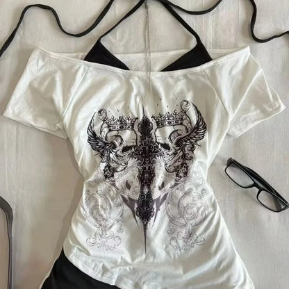 American Retro Fake Two Piece T-shirts Off Shoulder Short Sleeve Y2k Slim Fit Top Tee Skull Print Harajuku Streetwear 2026