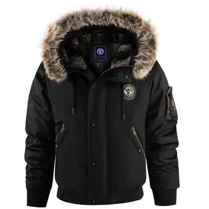 Men's Winter Warm, Hooded Jacket with Raw Edge, Lined Aviator Jacket, Embroidered Badge Design, Windproof and Waterproof Jacket