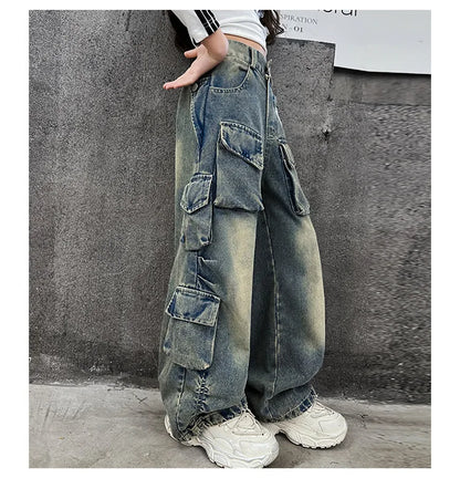 Cargo Jeans for Girls 2026 Spring Loose Casual Elastic Waist Teenage Children Wide Leg Pants Design Streetwear Kids Trousers