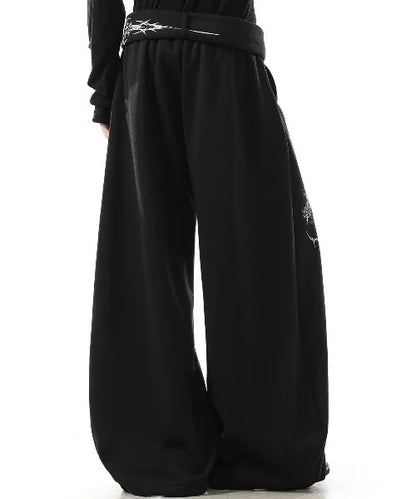 Retro American Black Loose Sweatpants Y2k Men Women Streetwear Dark Gothic Wide Leg Pants Fashion Embroidered Belt Jogging Pants