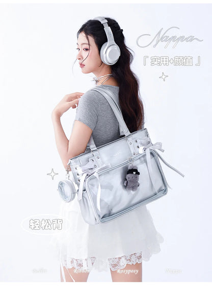 Japanese New Girls Silver Shoulder Bag Large Capacity Ribbon Itabag Student Women's Satin Messenger Bag Leather Backpacks