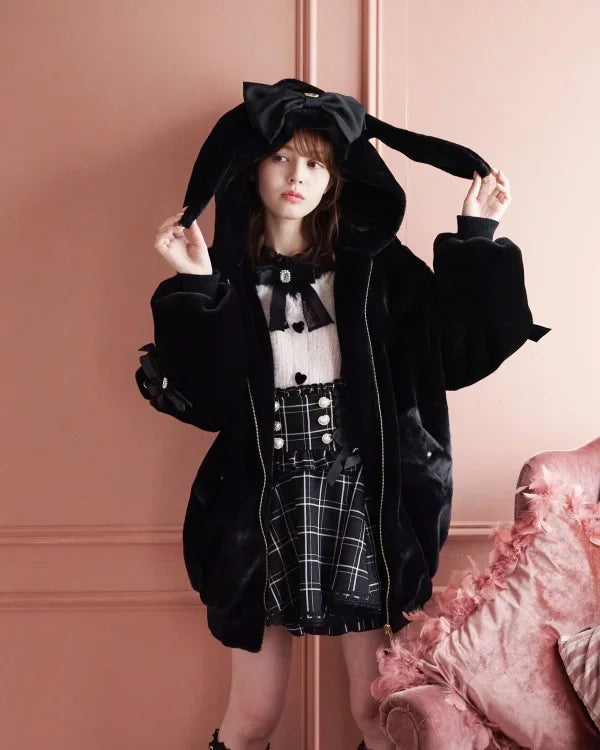 High Quality Japanese Winter New Sweet Cute Mine Cute Rabbit Ear Plush Cotton Coat Jacket Girl Lolita Fur Coats Women Parkas