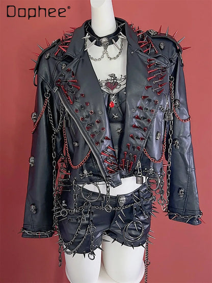 Women's Y2K Rivet Chain PU Leather Jacket