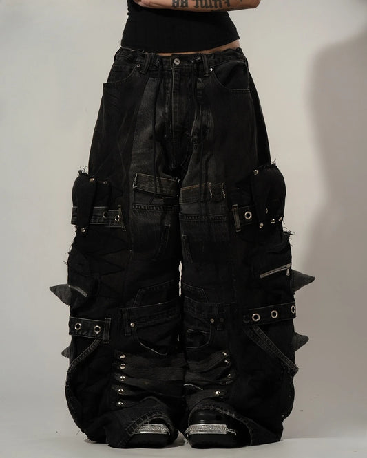 Women's Y2K Gothic Rivet Wide-Leg Baggy Jeans - APEX RITUAL women's jeans