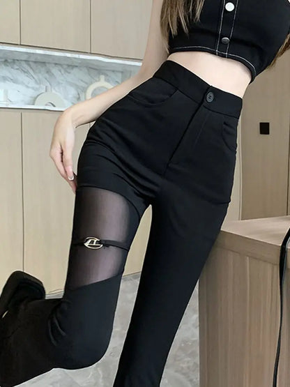 Sexy Black Mesh Patchwork High Waisted Flared Pants Chic Slim Women's Thin Trousers for Summer Korean Style