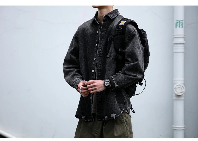 American Streetwear Wash Denim Shirts For Men Harajuku Casual Men'S Clothing Vintage Blue Lapel Cargo Coat Korean Long Sleeve