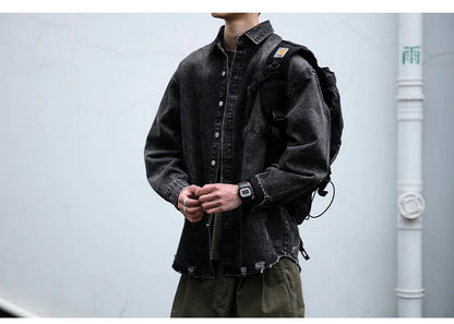 American Streetwear Wash Denim Shirts For Men Harajuku Casual Men'S Clothing Vintage Blue Lapel Cargo Coat Korean Long Sleeve