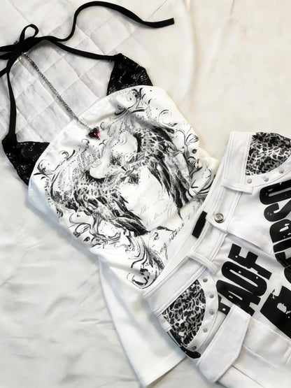 Women's Y2K Rose-Print Halter Crop Top