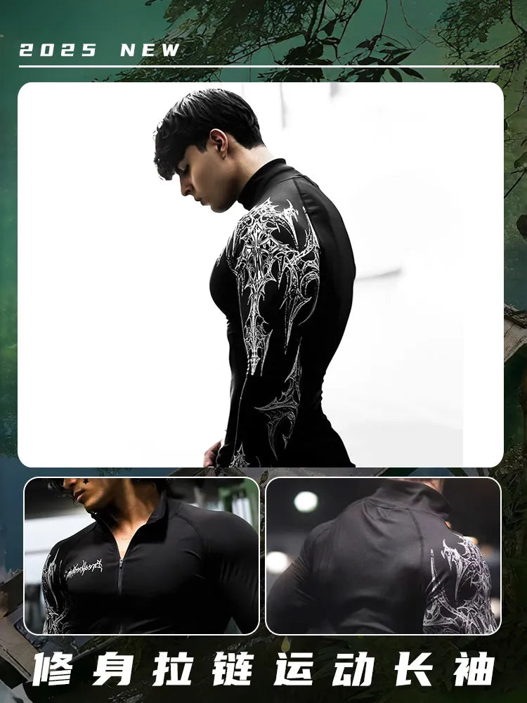 Dark Quick Drying Autumn And Winter Training Long Sleeved Men's Zipper Fitness Clothes, Sports Tight Fitting Clothes