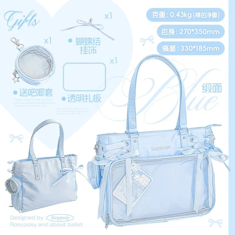 Japanese New Girls Silver Shoulder Bag Large Capacity Ribbon Itabag Student Women's Satin Messenger Bag Leather Backpacks