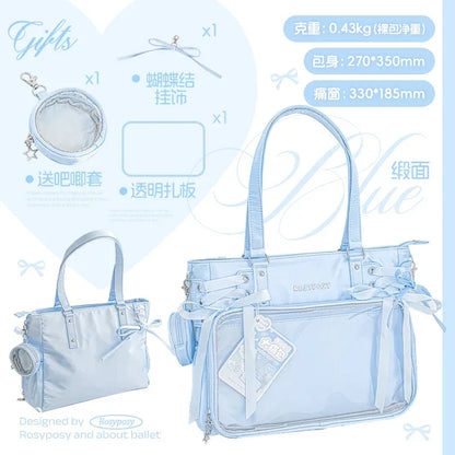 Japanese New Girls Silver Shoulder Bag Large Capacity Ribbon Itabag Student Women's Satin Messenger Bag Leather Backpacks