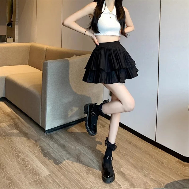Women Ruffled Pleated A-Line Mini Skirt Summer Tulle Cake High Waist Slim Skirt Shorts Female Sexy Korean Kawaii White