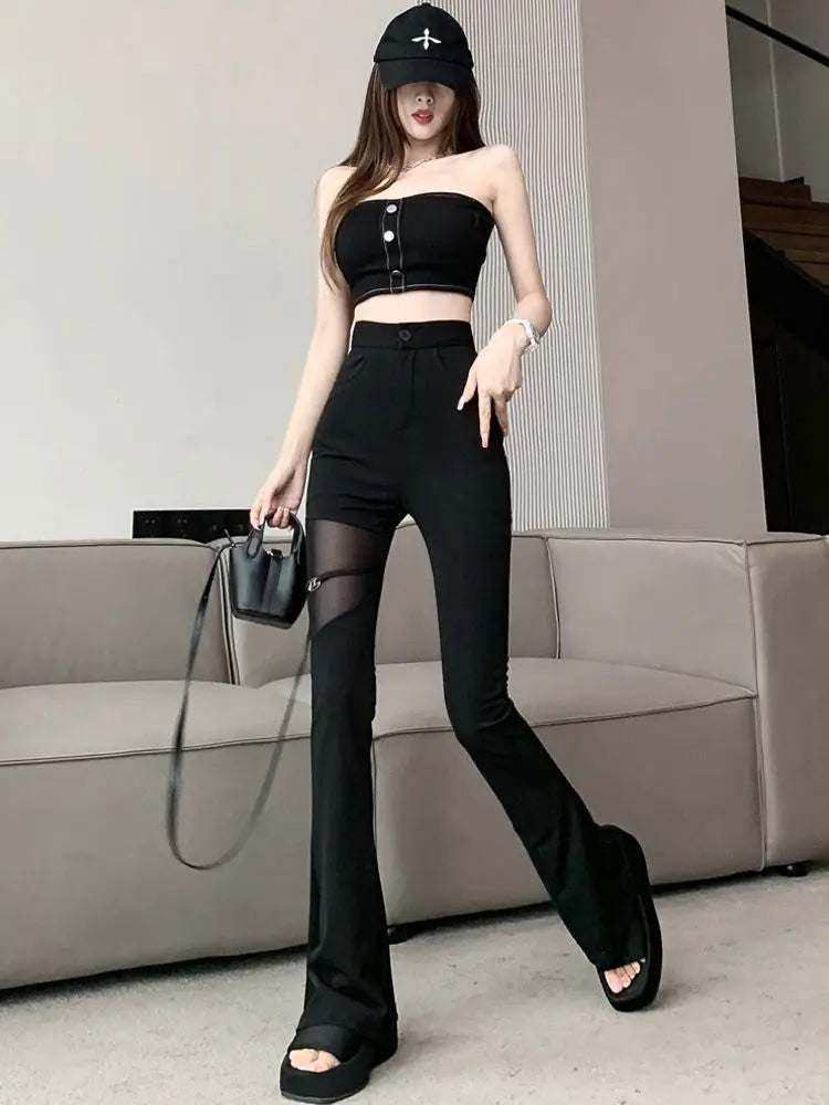 Sexy Black Mesh Patchwork High Waisted Flared Pants Chic Slim Women's Thin Trousers for Summer Korean Style