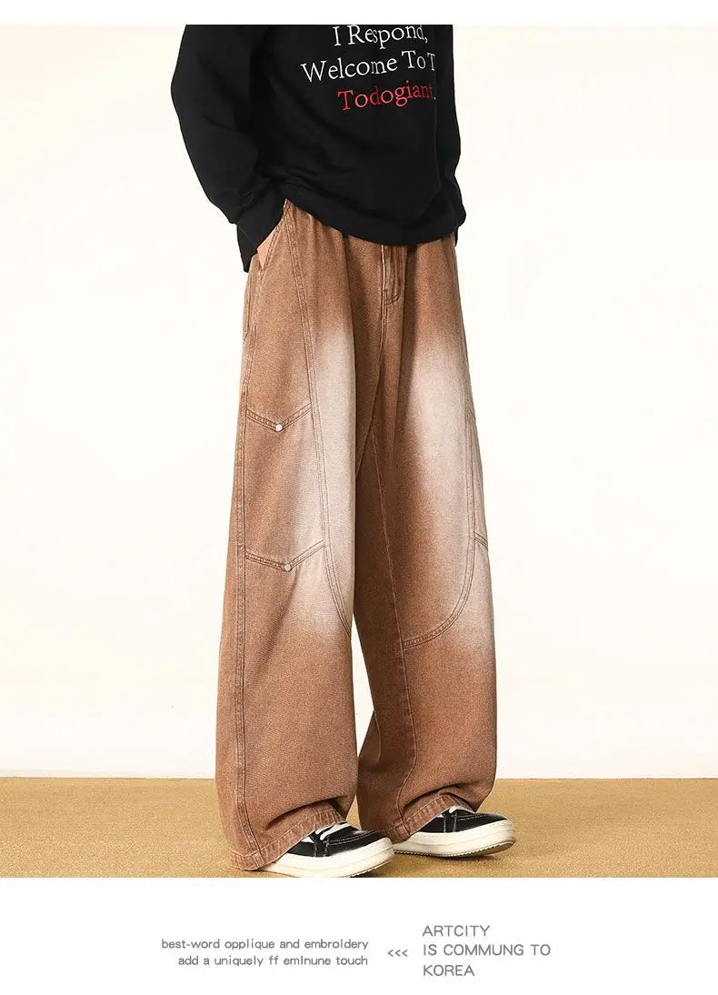 Men's Spring And Autumn Fashion Washed Large Versatile Casual Pants Retro Splicing Nail Beaded Jeans Loose Straight Leg Pants