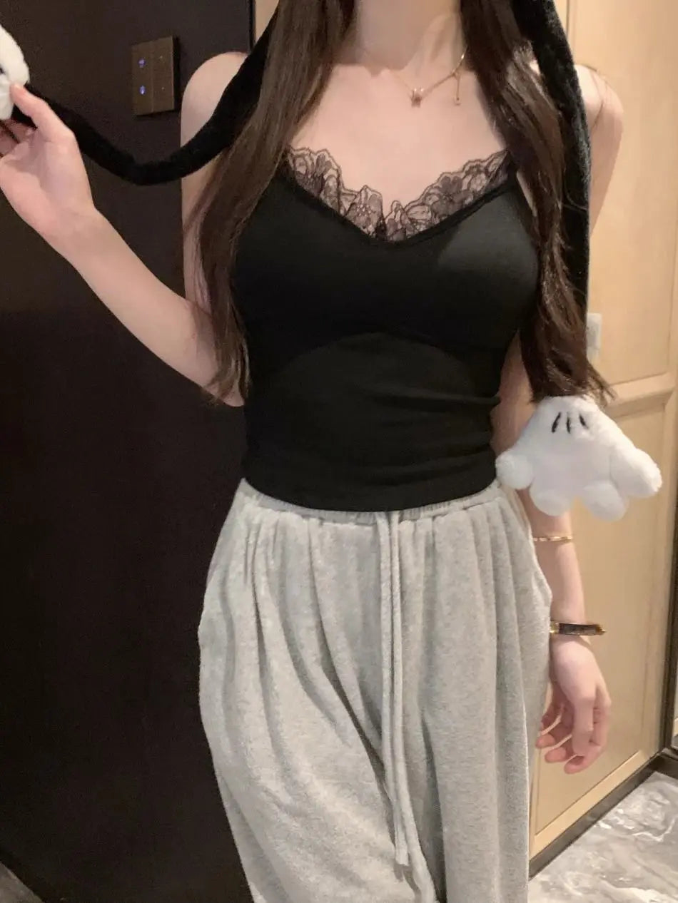 Lace Tank Top Women Cute Camis Sexy White Cropped Camisole Female Korean Sleeveless Black Vest Summer 2025 Coquette Y2k Clothes