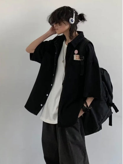 Harajuku Tooling Mens Sets 2024 Summer American Street Retro Denim Suit Hip Hop Printed Cowboy Shirt+Wide Leg Jeans 2-pcs New