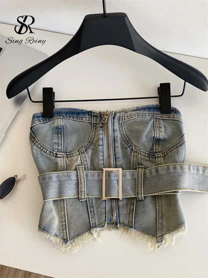 SINGREINY Vintage Denim Strapless Camis Backless Irregular Raw Hem Slim Distressed Crop Top Ladies Sashes Sexy Club Lingerie Top