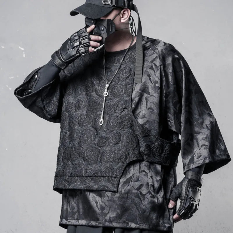 HKSH Summer New Men's Tide Dark Pattern Rose Patchwork T-shirt Trend Loose Fake Two-Piece Design Casual Short Sleeve Tops HK5884