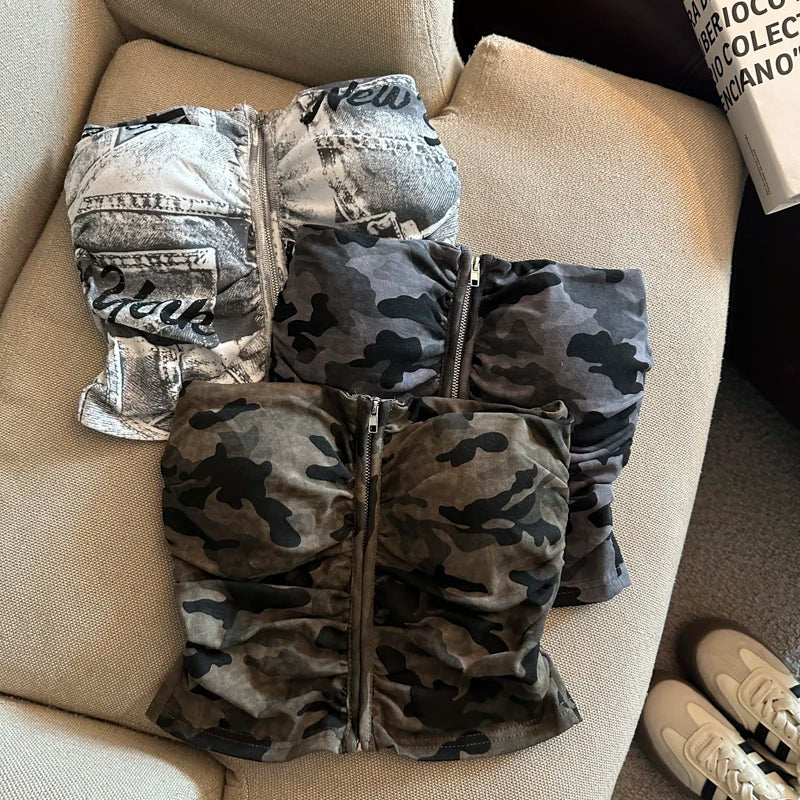 Sexy American Girl Camouflage Print Tube Top Vest Women's Summer Zipper Open - APEX RITUAL women's tank tops