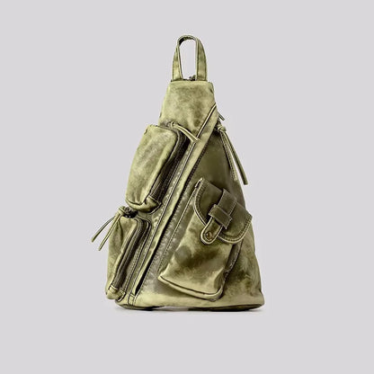 Annmouler Designer Backpacks for Women Soft Washed Letaher Sling Chest Bag Vintage Multi-pockets Punk Style Small Bag