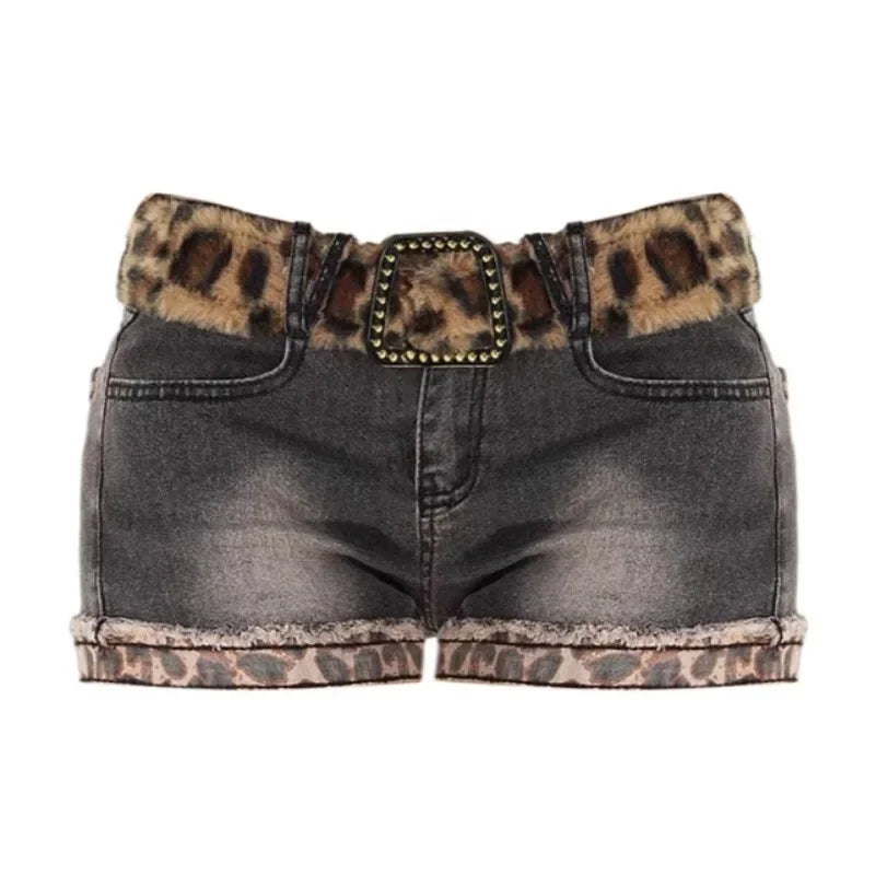 Euphoria Y2K Sheath High Waist Pleated Patchwork Skirts Without Belt Women's Slim Fit Hotsweet Sexy Style Leopard Denim Skirt