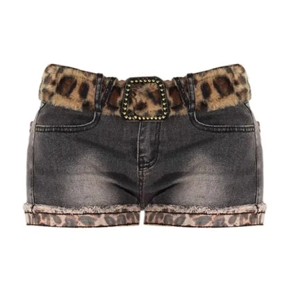 Euphoria Y2K Sheath High Waist Pleated Patchwork Skirts Without Belt Women's Slim Fit Hotsweet Sexy Style Leopard Denim Skirt