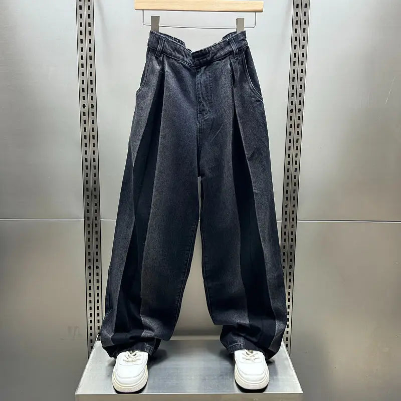 Loose Wide Leg Folded Hip Hop Jeans Harajuku Streetwear Trousers High Quality Luxury Brand Men Clothing