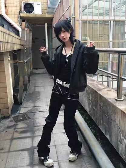 Y2K American Low-Waist Black Gothic Tight Straight Jeans Women Spring And Summer Hot Girl Slim Multi-Zipper Fashion Casual Jeans