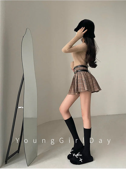 WOMENGAGA Preppy Style High Waist Slim Double Belt Slip Plaid Pleated Skirt Fashion Sexy Korean Women JK Skirts Sweet X8WN