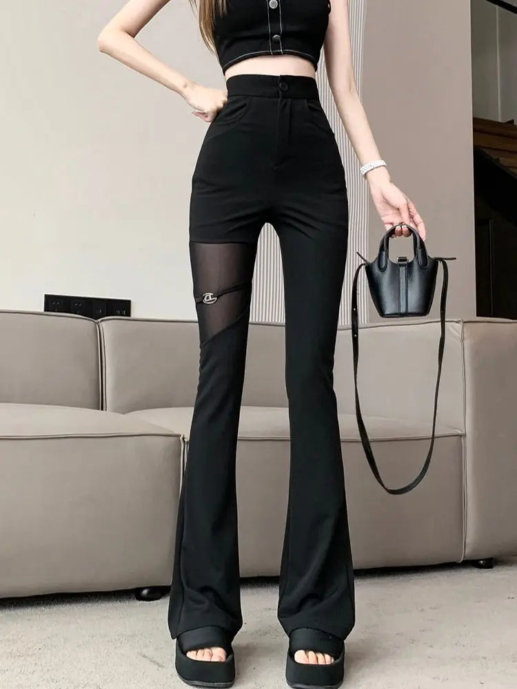 Sexy Black Mesh Patchwork High Waisted Flared Pants Chic Slim Women's Thin Trousers for Summer Korean Style