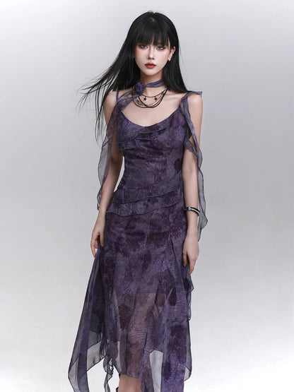 Women's Purple Tie-Dye V-Neck Midi Dress