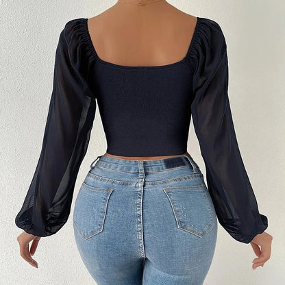 Women's Puff-Sleeve Lace-Up V-Neck Top