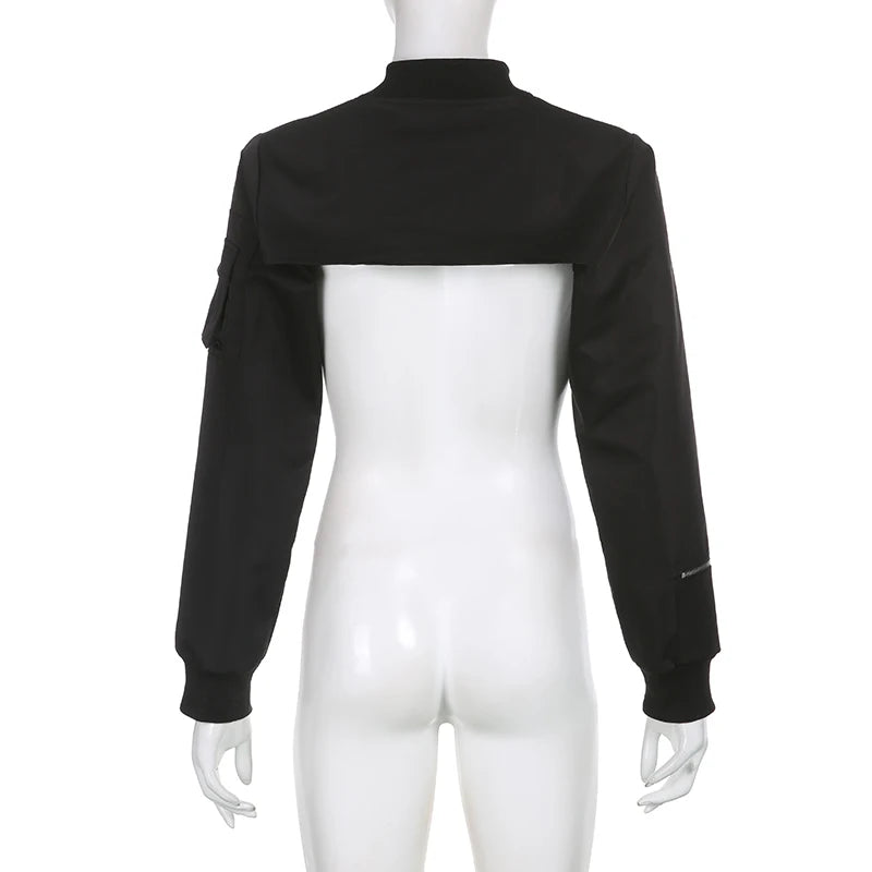 Showmirror Super-short Black Jacket Zipper Long Sleeve Harajuku Cropped Tshirt Gothic Techwear Fashion Korean Tee Punk Street