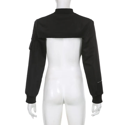 Showmirror Super-short Black Jacket Zipper Long Sleeve Harajuku Cropped Tshirt Gothic Techwear Fashion Korean Tee Punk Street