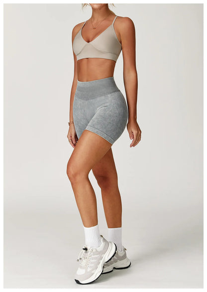 Apex Ritual – レディースハイウエストヨガショートパンツ – サンドウォッシュ スクワットプルーフ トレーニングショートパンツ