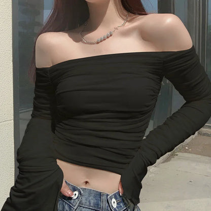 Women's Off-Shoulder Flare-Sleeve Crop Top
