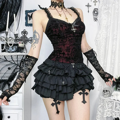 Mall Gothic Spaghetti Strap Tanks Top Hot Sexy V-neck Lace Patchwork Camisole Basic Slim Vests Summer Techwear Women