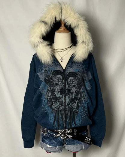 Dark Gothic Style Cross Design Printed Large Fur Collar Zipper Cardigan for Women 2026 Y2k Harajuku Spicy Girl Hooded Sweatshirt