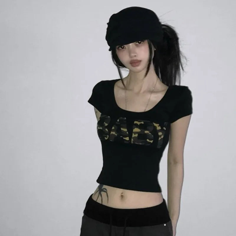 Y2k Aesthetic Camouflage Letter Pattern Printing Slim Design Round Neck Top Summer Retro Sexy Spice Slim Girl Top Street Wear